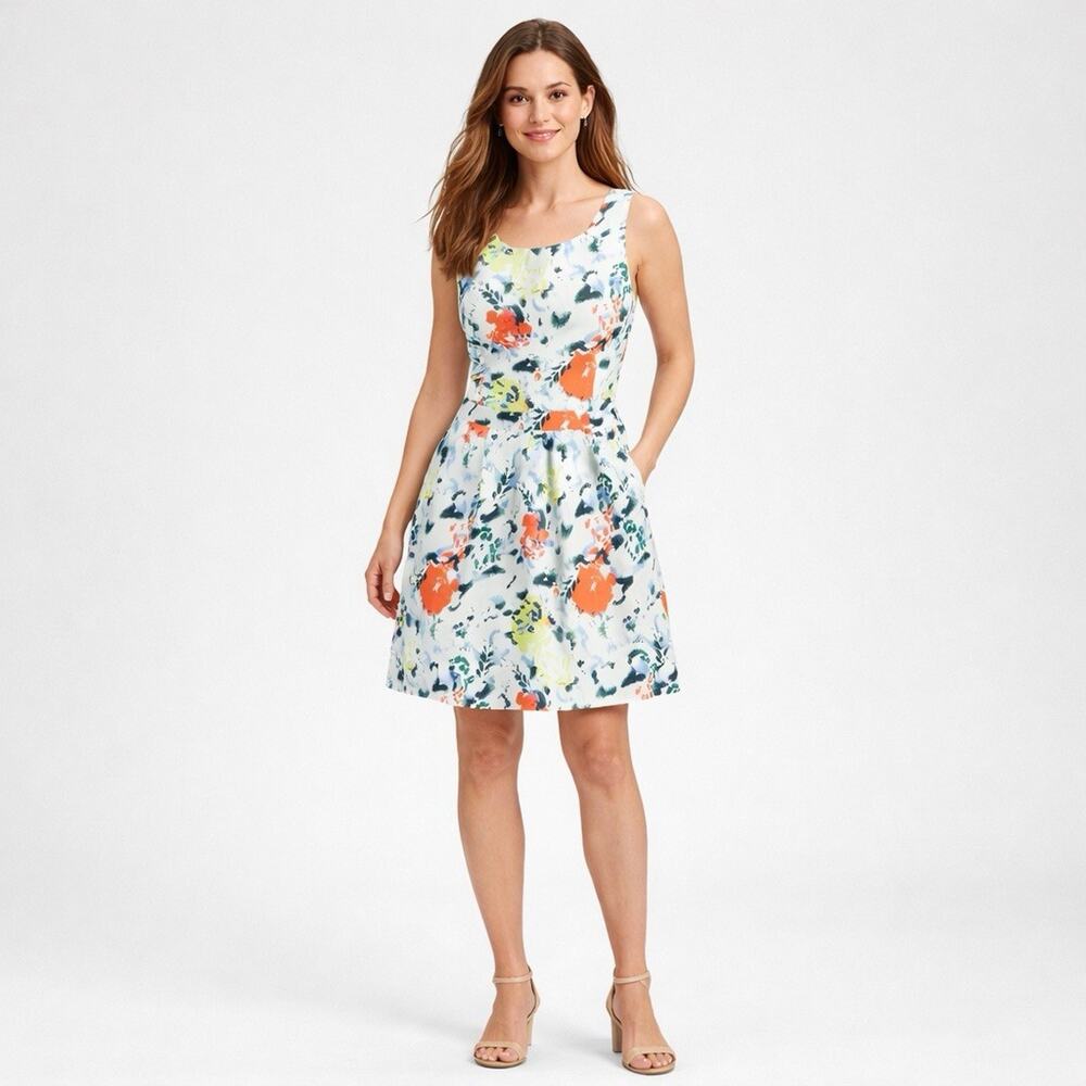 Gap Sara Dress Size 14 White Floral Cotton Stretch Fit Flare Sleeveless Woven